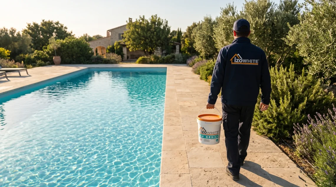Yalıtımı yenilenmiş havuz ve Su Kesici kovası taşıyan usta